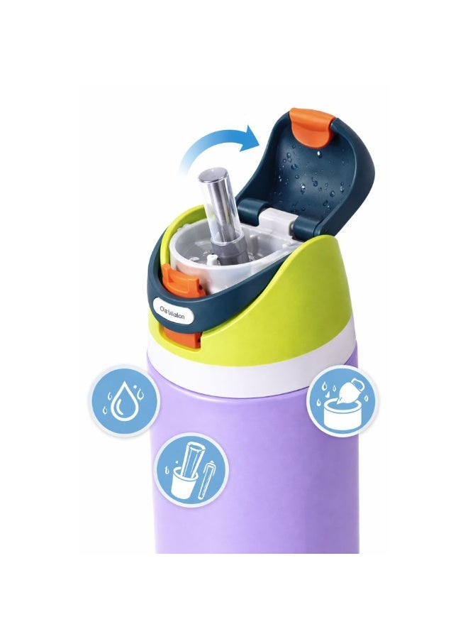 زجاجة مياه أوالا من الفولاذ المقاوم للصدأ، مزودة بماصة بلاستيكية وفولاذية، وغطاء مانع للتسرب بفتحة واسعة، تصميم سهل الفتح بضغطة واحدة، زجاجة رياضية وسفر قابلة لإعادة الاستخدام، سعة 800 مل، لون بنفسجي فاتح - Image 3